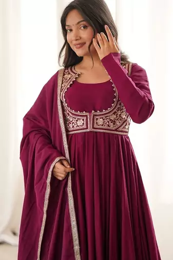 rani pink  silk embroidered anarkali gown with jacket, bottom & dupatta