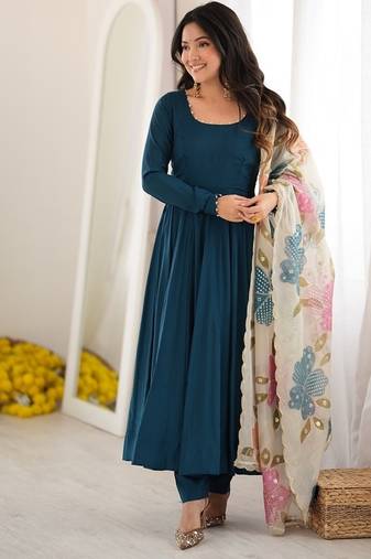 Teal blue roman silk three piece anarkali suit for beautiful women's