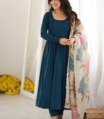 Teal blue roman silk three piece anarkali suit for beautiful women's