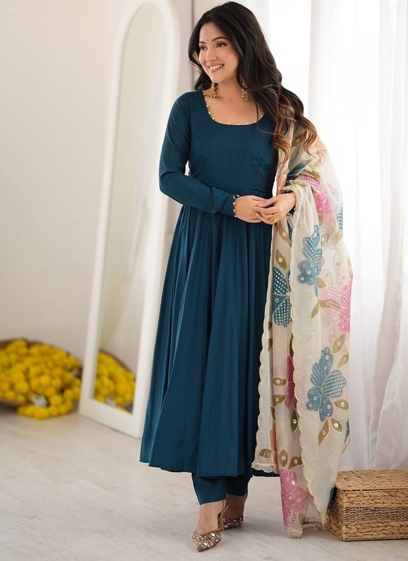 Teal blue roman silk three piece anarkali suit for beautiful women's