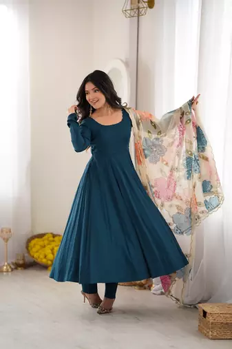 Teal blue roman silk three piece anarkali suit for beautiful women's