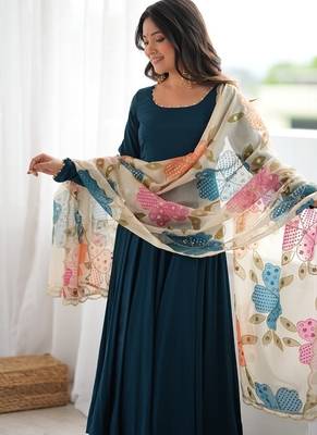 Teal blue roman silk three piece anarkali suit for beautiful women's 3