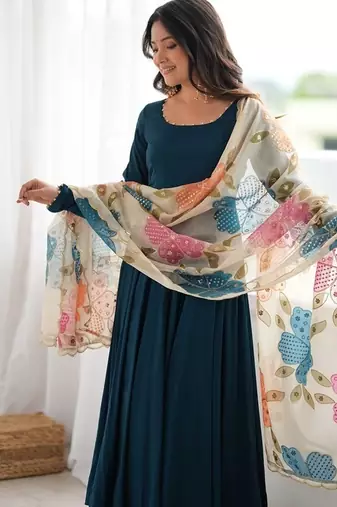 Teal blue roman silk three piece anarkali suit for beautiful women's
