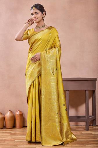 Mustard banarasi zari work kota cotton silk traditional woven saree with blouse