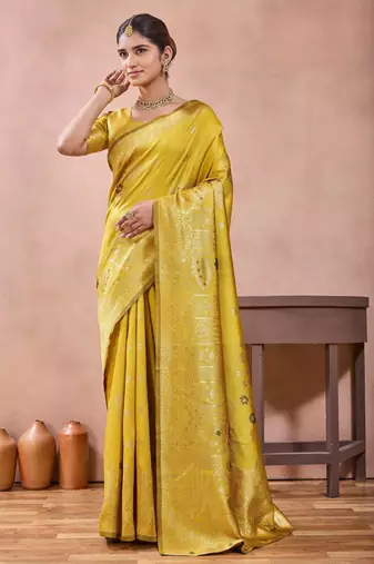 Mustard banarasi zari work kota cotton silk traditional woven saree with blouse