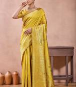Mustard banarasi zari work kota cotton silk traditional woven saree with blouse