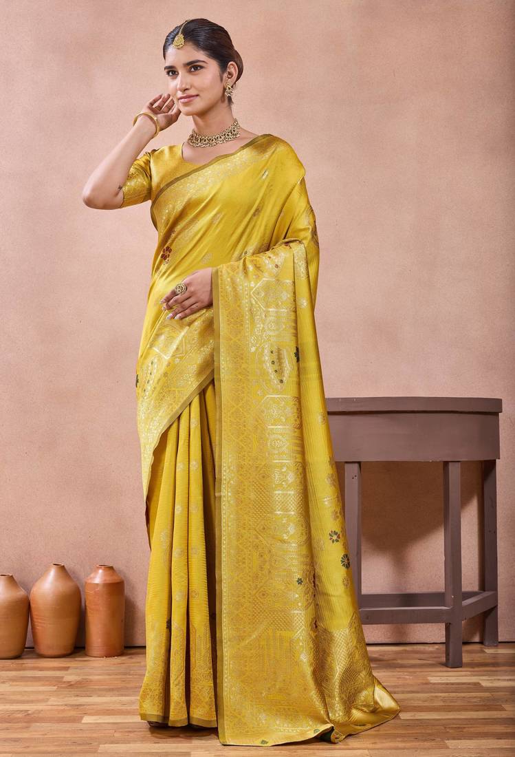 Mustard banarasi zari work kota cotton silk traditional woven saree with blouse