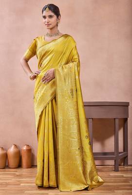 Mustard banarasi zari work kota cotton silk traditional woven saree with blouse 2