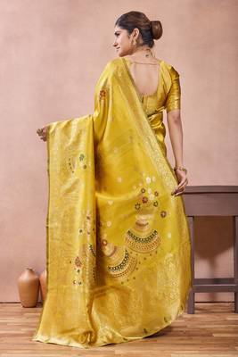 Mustard banarasi zari work kota cotton silk traditional woven saree with blouse 3