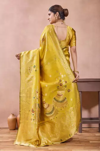 Mustard banarasi zari work kota cotton silk traditional woven saree with blouse