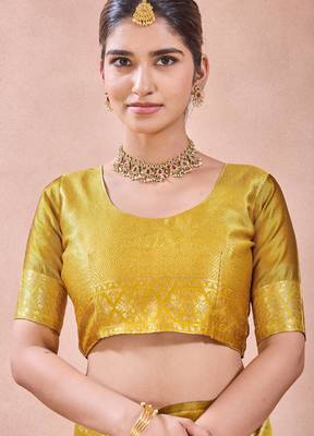 Mustard banarasi zari work kota cotton silk traditional woven saree with blouse 4