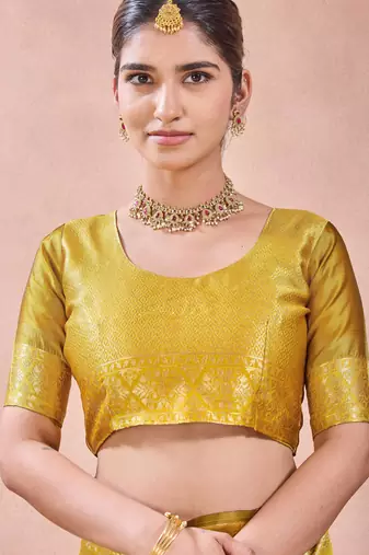 Mustard banarasi zari work kota cotton silk traditional woven saree with blouse