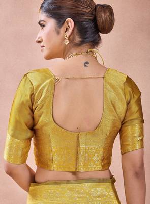 Mustard banarasi zari work kota cotton silk traditional woven saree with blouse 5