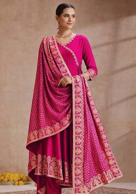 Rani pink rayon anarkali kurti set with dupatta for festival dress 1