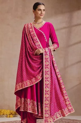 Rani pink rayon anarkali kurti set with dupatta for festival dress