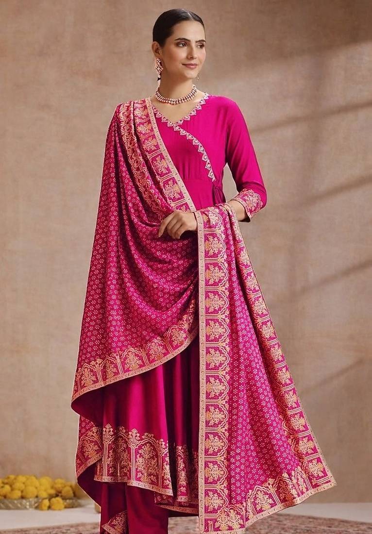 Rani pink rayon anarkali kurti set with dupatta for festival dress