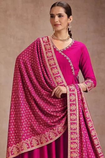 Rani pink rayon anarkali kurti set with dupatta for festival dress