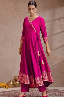 Rani pink rayon anarkali kurti set with dupatta for festival dress 3