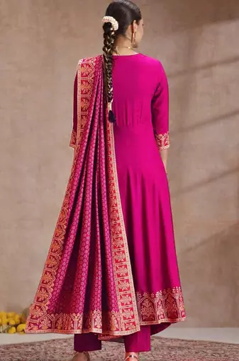 Rani pink rayon anarkali kurti set with dupatta for festival dress