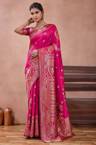 Pink banarasi zari work kota cotton silk traditional woven saree with blouse