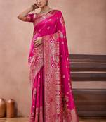 Pink banarasi zari work kota cotton silk traditional woven saree with blouse