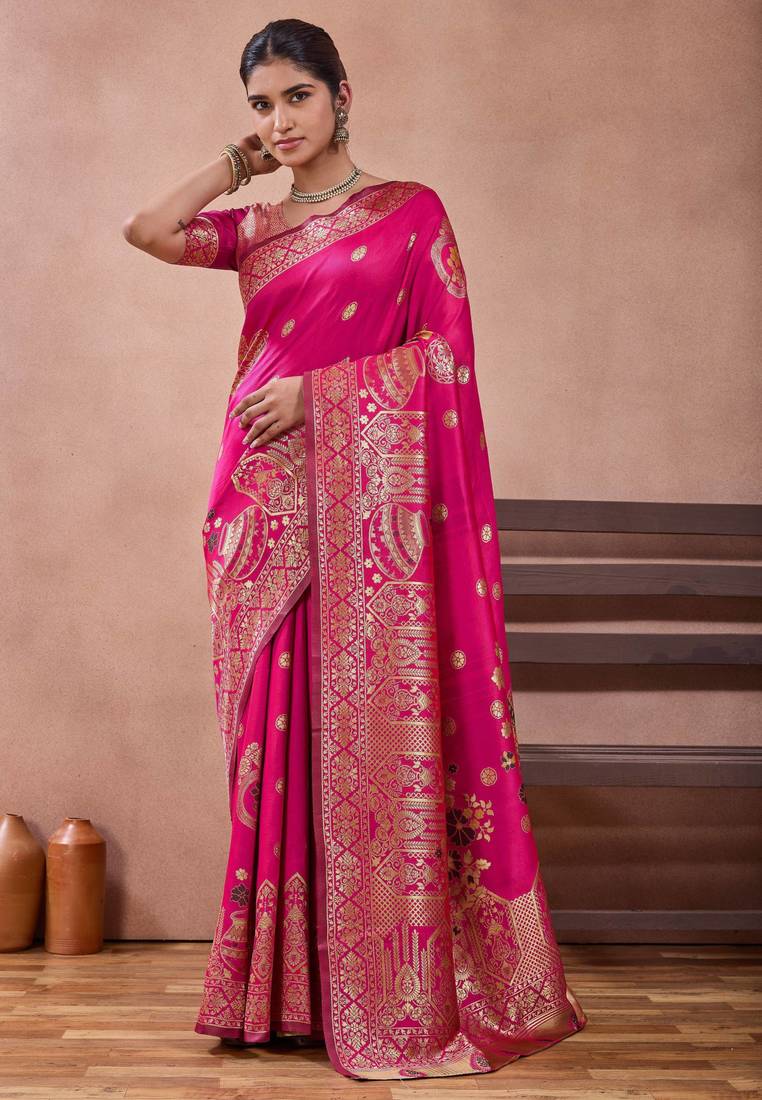 Pink banarasi zari work kota cotton silk traditional woven saree with blouse