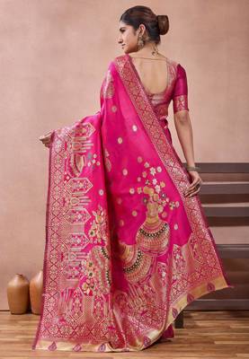Pink banarasi zari work kota cotton silk traditional woven saree with blouse 2