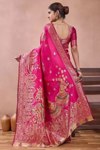 Pink banarasi zari work kota cotton silk traditional woven saree with blouse