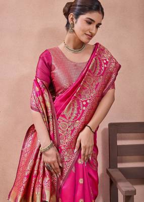 Pink banarasi zari work kota cotton silk traditional woven saree with blouse 3
