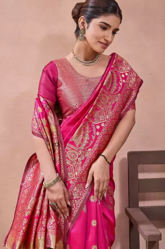 Pink banarasi zari work kota cotton silk traditional woven saree with blouse