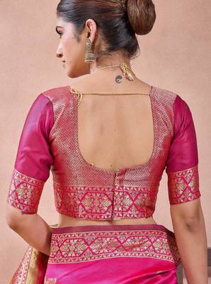 Pink banarasi zari work kota cotton silk traditional woven saree with blouse 4