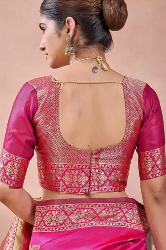 Pink banarasi zari work kota cotton silk traditional woven saree with blouse