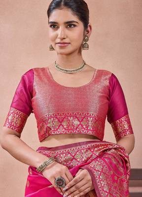 Pink banarasi zari work kota cotton silk traditional woven saree with blouse 5