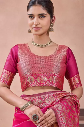 Pink banarasi zari work kota cotton silk traditional woven saree with blouse