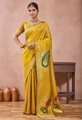 Mustard banarasi zari work kota cotton silk traditional woven saree with blouse 1