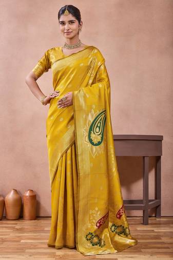 Mustard banarasi zari work kota cotton silk traditional woven saree with blouse