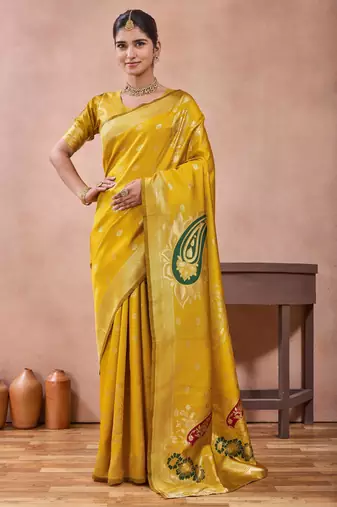 Mustard banarasi zari work kota cotton silk traditional woven saree with blouse