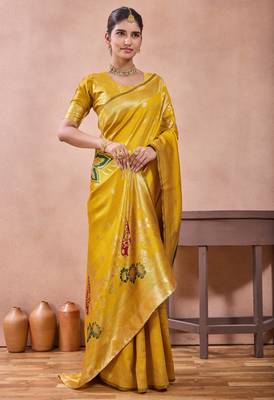 Mustard banarasi zari work kota cotton silk traditional woven saree with blouse 2