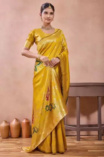 Mustard banarasi zari work kota cotton silk traditional woven saree with blouse