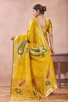 Mustard banarasi zari work kota cotton silk traditional woven saree with blouse 3