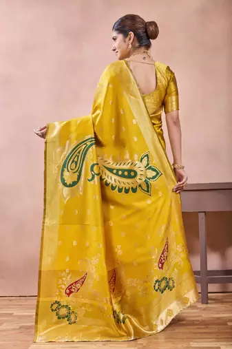 Mustard banarasi zari work kota cotton silk traditional woven saree with blouse