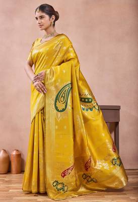 Mustard banarasi zari work kota cotton silk traditional woven saree with blouse 4