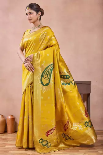 Mustard banarasi zari work kota cotton silk traditional woven saree with blouse