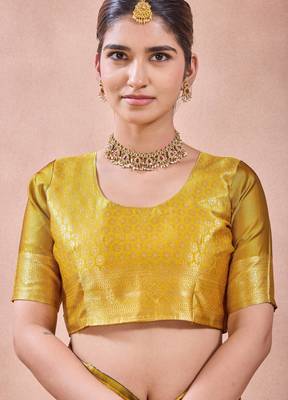 Mustard banarasi zari work kota cotton silk traditional woven saree with blouse 5