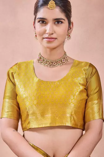 Mustard banarasi zari work kota cotton silk traditional woven saree with blouse