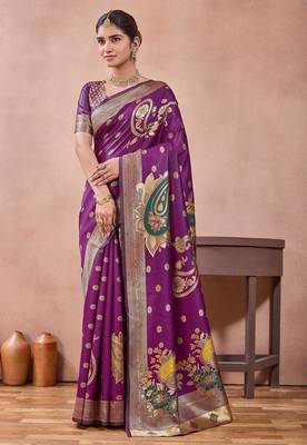 Purple banarasi kota cotton silk saree with zari work, paisley floral motifs, woven border and blouse 1