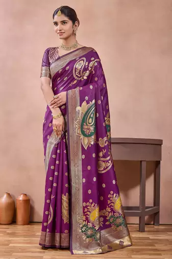 Purple banarasi kota cotton silk saree with zari work, paisley floral motifs, woven border and blouse