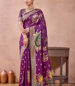 Purple banarasi kota cotton silk saree with zari work, paisley floral motifs, woven border and blouse