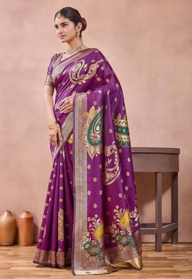 Purple banarasi kota cotton silk saree with zari work, paisley floral motifs, woven border and blouse 2