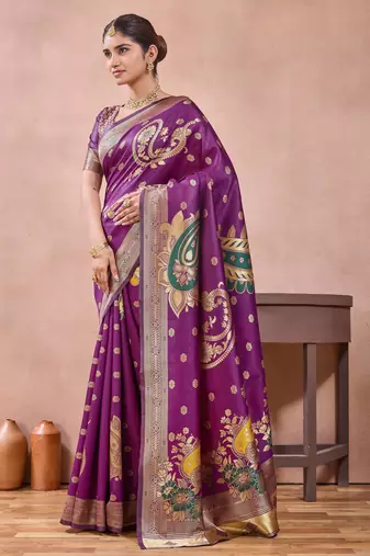 Purple banarasi kota cotton silk saree with zari work, paisley floral motifs, woven border and blouse